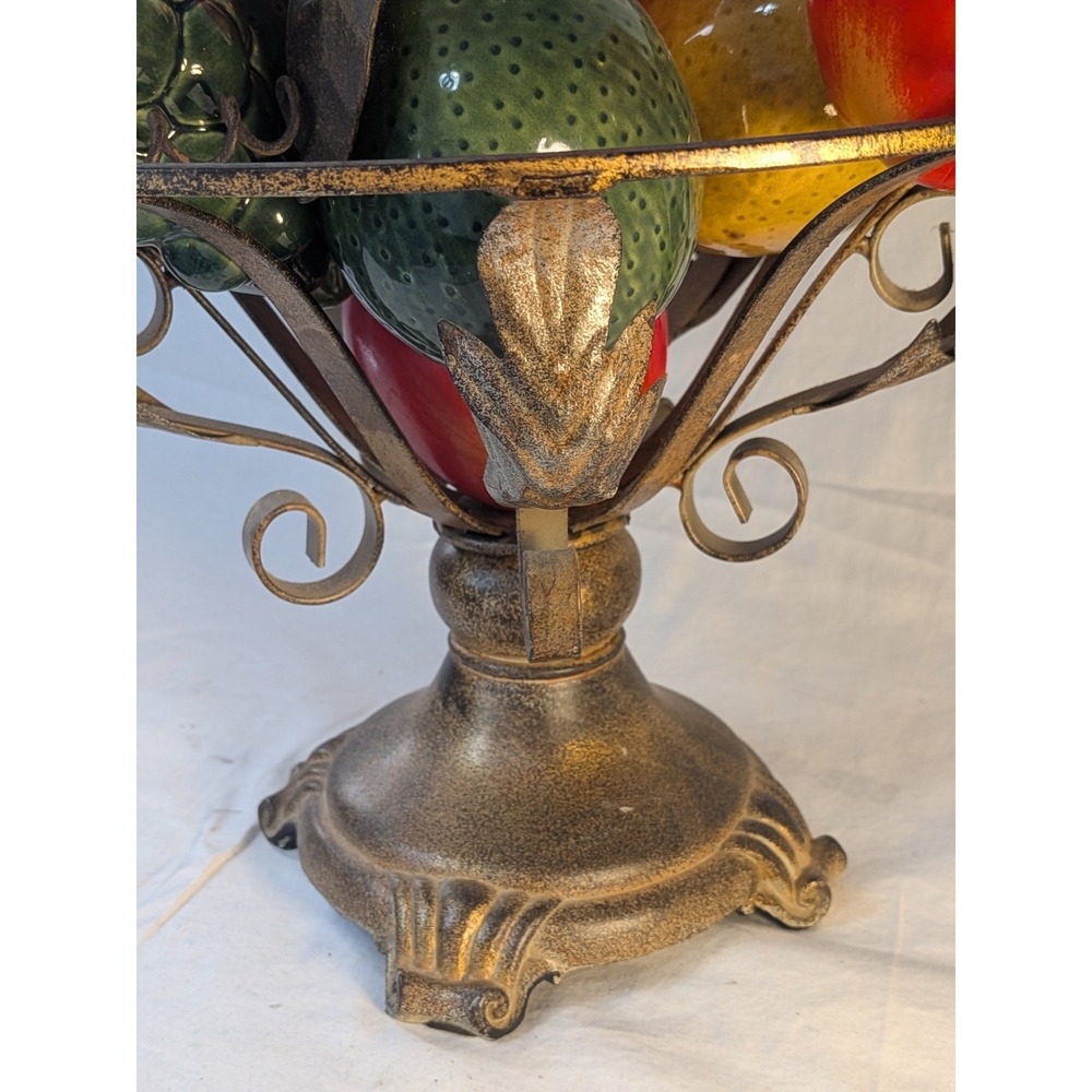 Vintage Ornate Metal Pedestal Fruit Bowl Centerpiece with Ceramic Faux Fruit - Picture 4 of 5